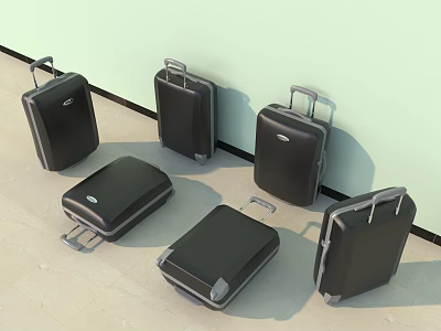 Multiple Black Suitcases With Various Styles Telescopic Handles And Wheels Placed Against Wall 3d model