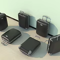 Multiple Black Suitcases With Various Styles Telescopic Handles And Wheels Placed Against Wall