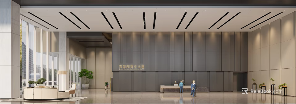 Modern Office Building Lobby Reception Desk With Two People And Green Plant 3d model 