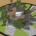 Modern Desert Library Building with Curved Architecture Trees Lawn Pathways Green Roof and Nature Integration