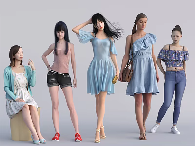 Stylish Women With Dresses Shorts Jeans And Various Fashion Outfits 3d model