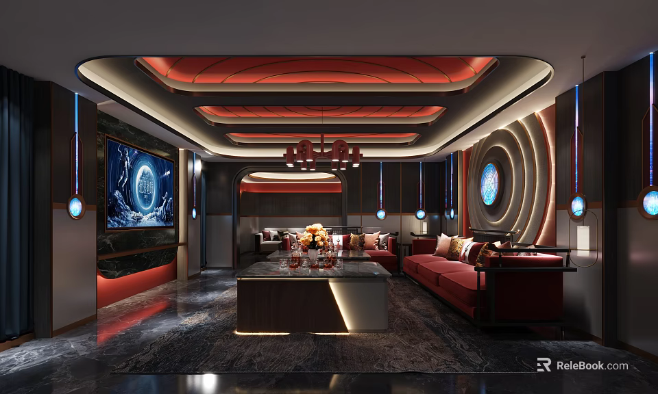 Modern KTV Room Interior With Luxury Sofa Seating Coffee Table And Decorative Lights 3d model 