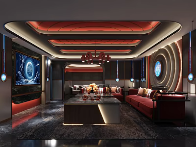 Modern KTV Room Interior With Luxury Sofa Seating Coffee Table And Decorative Lights 3d model