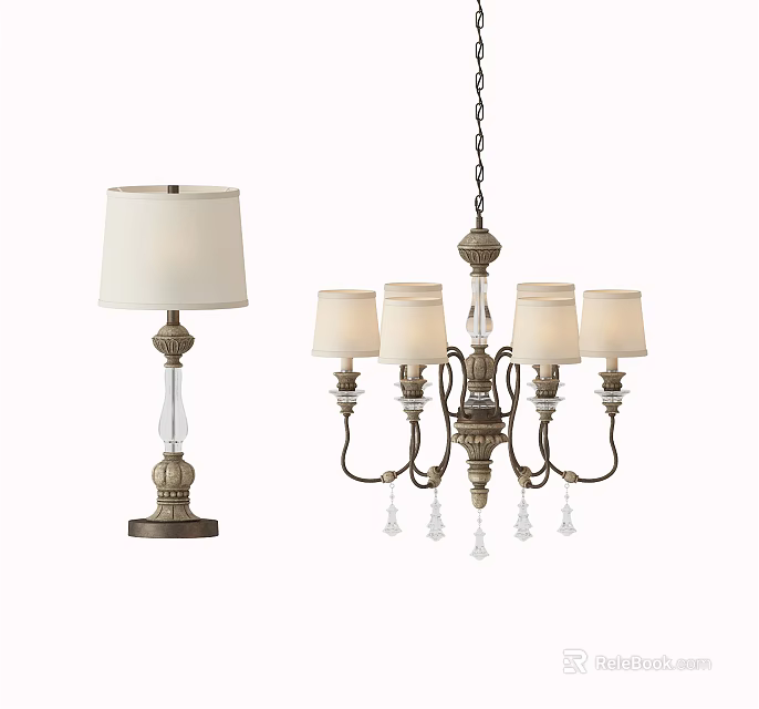 Classic Lighting Combination With White Shade Table Lamp And Multi Arm Crystal Chandelier 3d model