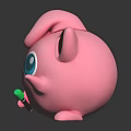 Cute Pink Cartoon Creature Character With Big Blue Eyes Curly Head Open Mouth And Green Object
