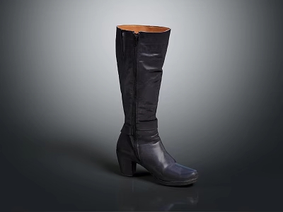 Stylish Black Leather Knee High Boots With Zipper And Block Heel 3d model