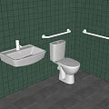 Modern Bathroom With White Toilet Green Tiled Walls Sink And Grab Bars