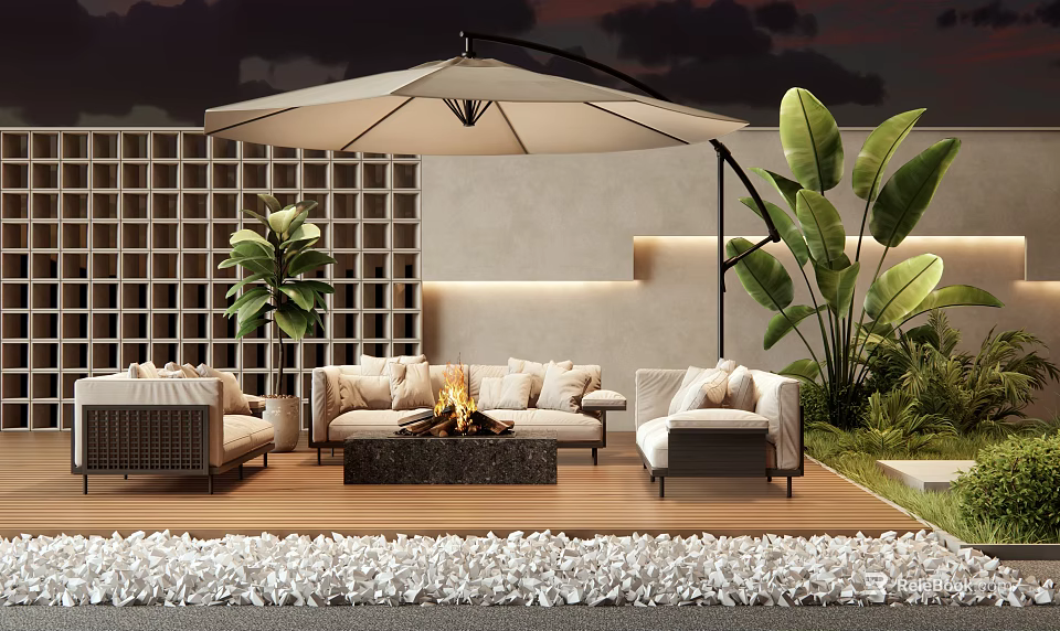 Outdoor Sofa Set With Fire Pit Umbrella And Green Plants On Wooden Deck At Night 3d model 