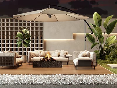 Outdoor Sofa Set With Fire Pit Umbrella And Green Plants On Wooden Deck At Night 3d model
