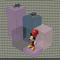 Mickey Mouse Figure Holding Red Balloon Among Transparent Colored Cubes With Cameras