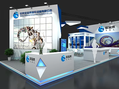 Modern Exhibition Booth Design With Digital Display Reception Desk And Company Logo 3d model
