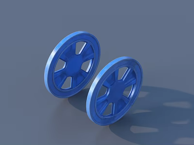 Two Blue Metallic Wheels with Circular Holes on Gray Background 3d model