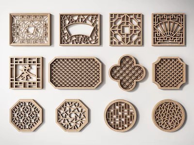 Traditional Wooden Carved Windows With Various Shapes And Intricate Classic Patterns 3d model