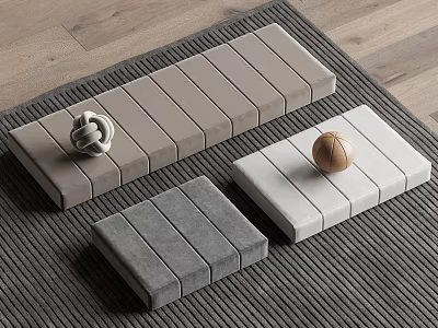 Gray Light Gray White Padded Cushions With Wooden Ball Knit Ornament On Wooden Floor Rug 3d model