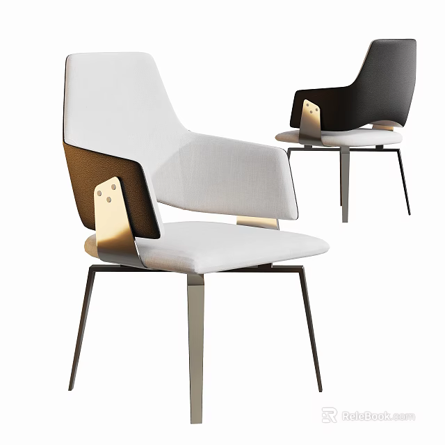 Modern Dining Chair With White Fabric Seat Black Back And Metal Legs 3d model 