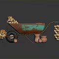 Rusted Turquoise Wheelbarrow Decorative Arrangement With Clay Pots Bagel Bunches And Small Clay Vessels