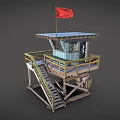Wooden Watchtower With Red Flag Open Platform Wooden Staircase And Yellow Railing