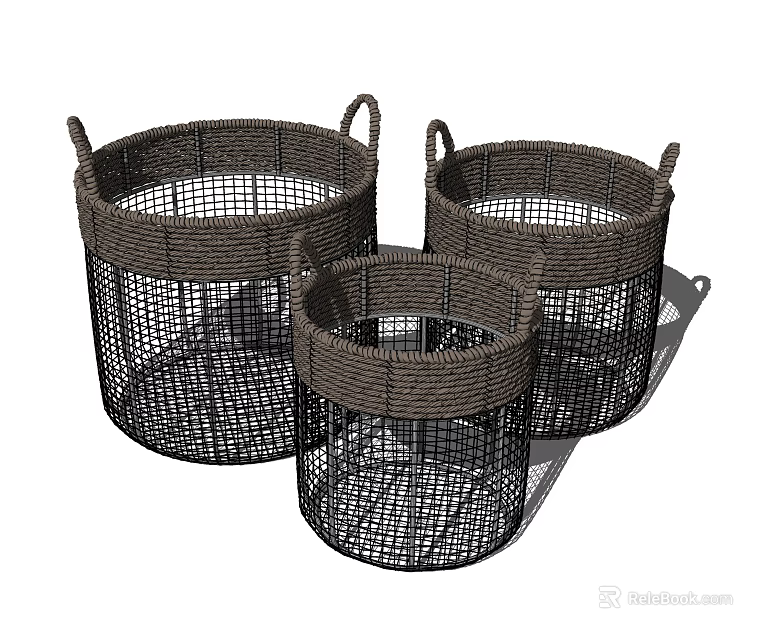 Practical Woven Storage Baskets with Handles Three Different Sizes for Home Organizing Solutions 3d model 
