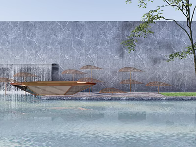Modern Outdoor Sculpture by Water Pool with Stone Wall and Umbrella like Structures 3d model