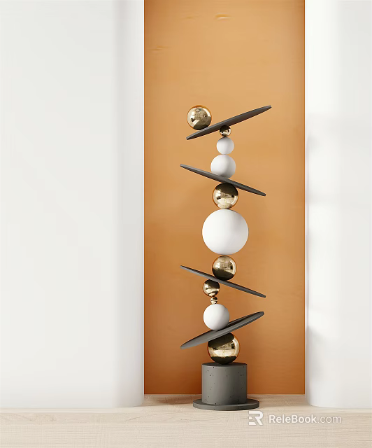 Modern Vertical Sculpture With Black Bars Golden And White Spheres Against Orange Background Wall 3d model 