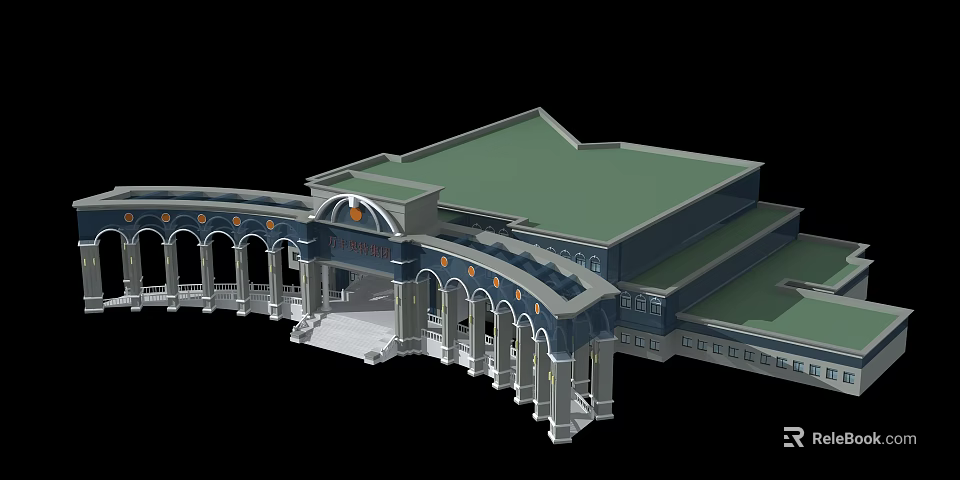 Classical Style Office Building With Arched Portico And Green Roof Design 3d model 