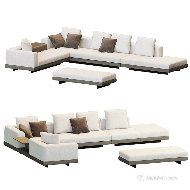 Comfortable Modern Sectional Sofa With Neutral Upholstery Multiple Cushions And Ottoman 3d model