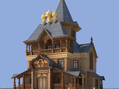 Traditional Religious Wooden Church With Golden Domes Cross And Orthodox Design 3d model