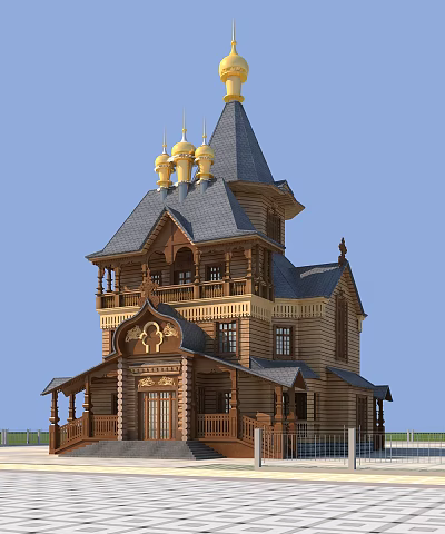 Traditional Religious Wooden Church With Golden Domes Cross And Orthodox Design 3d model