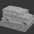 White Electric Toy Armored Vehicle Style Car Model With Blue Wheels On Gray Textured Platform