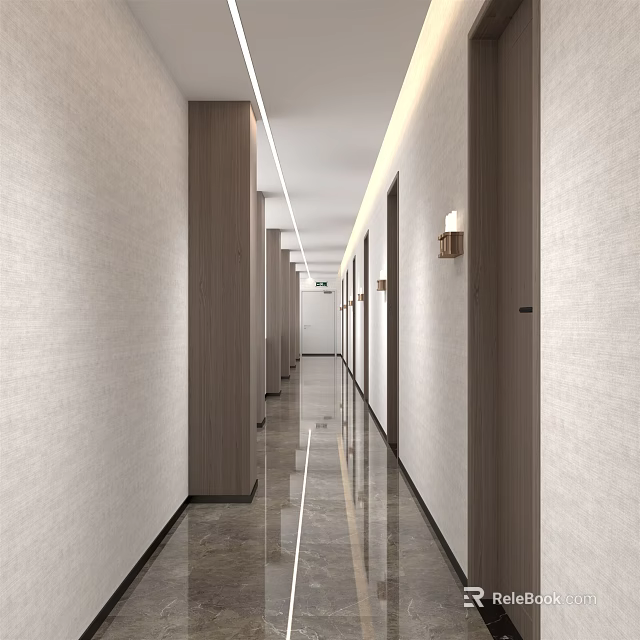 Modern Hotel Corridor Design With Beige Walls Polished Marble Floors And Recessed Lighting 3d model 