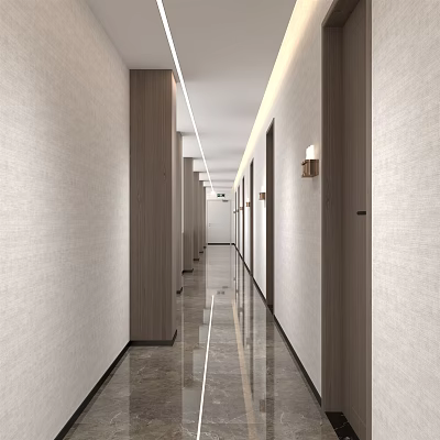 Modern Hotel Corridor Design With Beige Walls Polished Marble Floors And Recessed Lighting 3d model