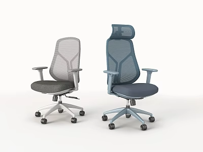 Two Modern Office Chairs In Different Colors With Mesh Back And Armrests On Wheeled Base 3d model