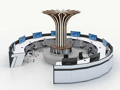 Modern Circular Office Desk With Multiple Monitors Tree Like Structure And Office Chairs 3d model