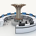 Modern Circular Office Desk With Multiple Monitors Tree Like Structure And Office Chairs 3d model
