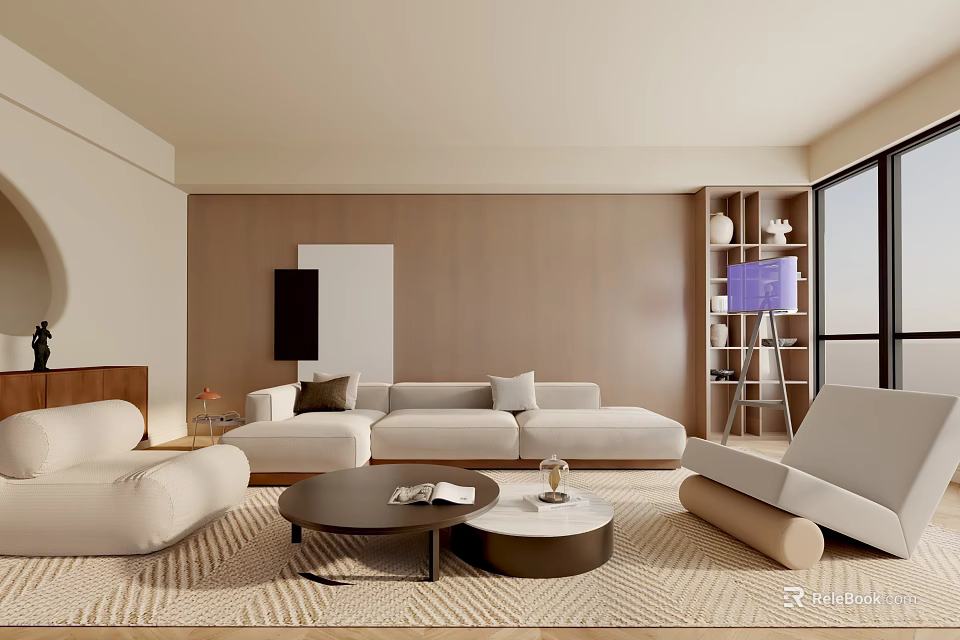 Modern Living Room Interior With Beige Sofa Round Coffee Tables Wooden Wall And Large Windows 3d model 