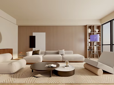 Modern Living Room Interior With Beige Sofa Round Coffee Tables Wooden Wall And Large Windows 3d model