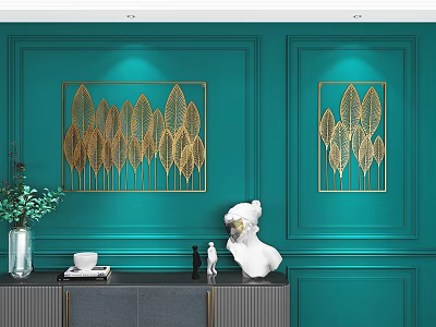 Elegant Modern Gold Leaf Wall Decor on Teal Green Wall with Artistic Accents 3d model