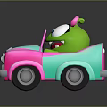 Green Cartoon Character With Pink Bow Riding In Colorful Convertible Toy Car