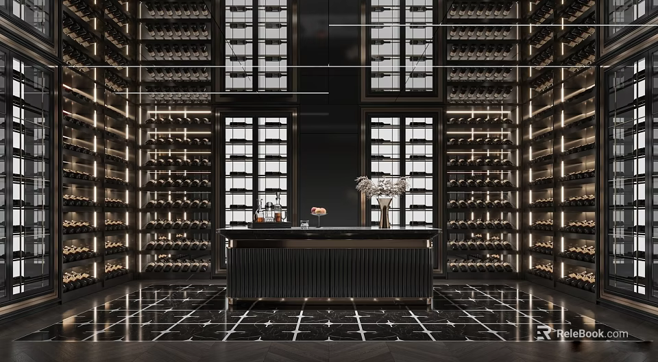 Luxury Wine Cellar Interior Design With Illuminated Racks And Central Bar Counter 3d model 
