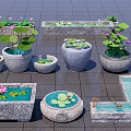Courtyard Garden Stone Containers Arrangement With Various Shapes Lotus Flowers And Water Features