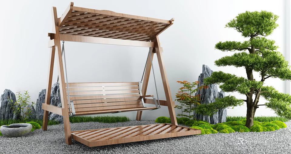 Outdoor Wooden Swing Chair In Garden With Plants And Rocks 3d model 
