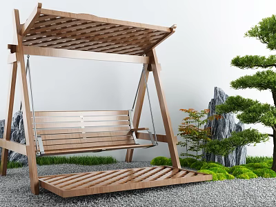 Outdoor Wooden Swing Chair In Garden With Plants And Rocks 3d model