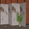 Three Panel Light Colored Room Divider With Bamboo Leaf Pattern And Green Plant 3d model