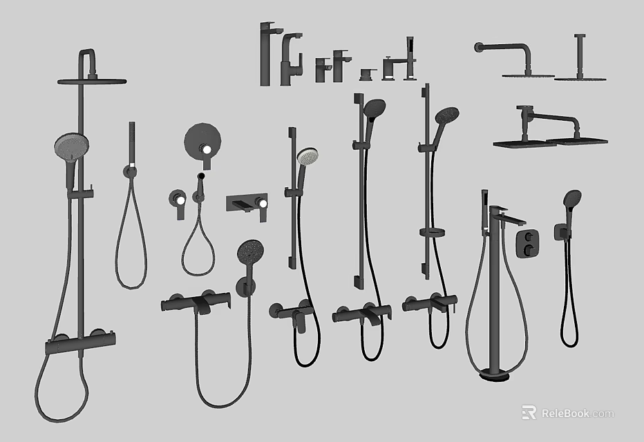 Various Bathroom Faucets And Shower Fixtures With Different Designs And Styles 3d model 