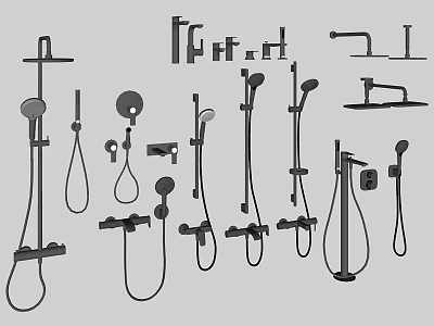 Various Bathroom Faucets And Shower Fixtures With Different Designs And Styles 3d model