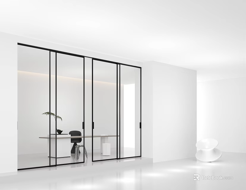Modern Style Sliding Doors With Black Frame And Transparent Glass In White Tone Room 3d model 