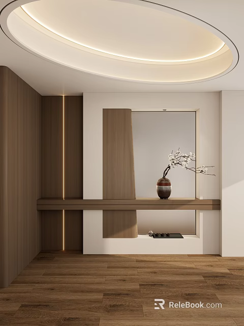 Elegant Entryway Hallway With Wooden Walls Ambient Lighting Mirror And Vase 3d model 