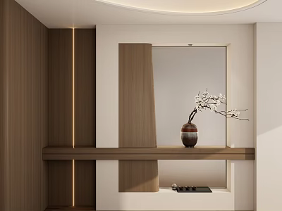 Elegant Entryway Hallway With Wooden Walls Ambient Lighting Mirror And Vase 3d model