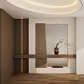 Elegant Entryway Hallway With Wooden Walls Ambient Lighting Mirror And Vase