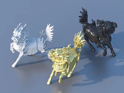 Detailed Running Mythical Beast Sculptures in White Gold and Black Colors 3d model